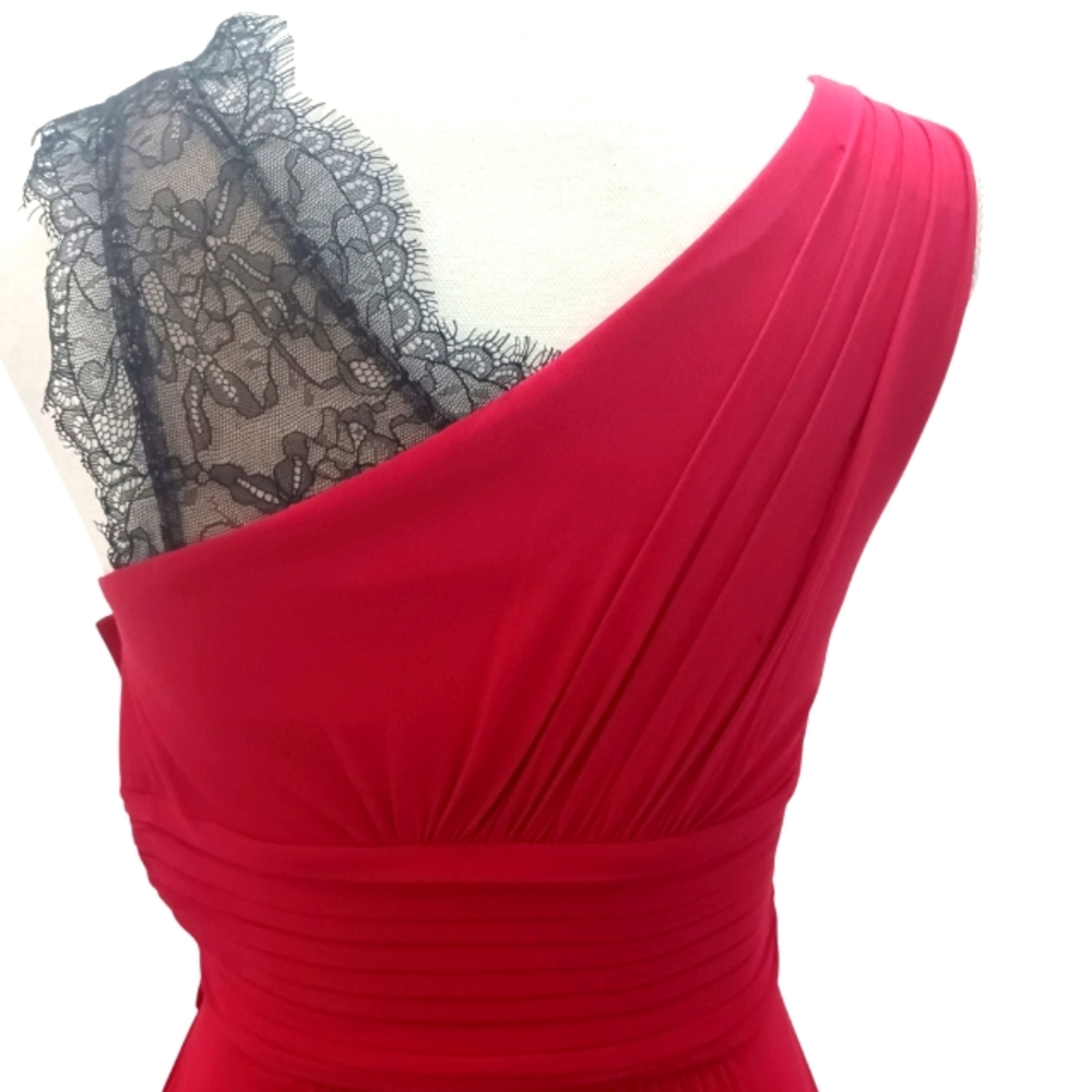 BCBG Maxazria Quenby Red Maxi gown with rouching and black lace. XS - Picture 7 of 10